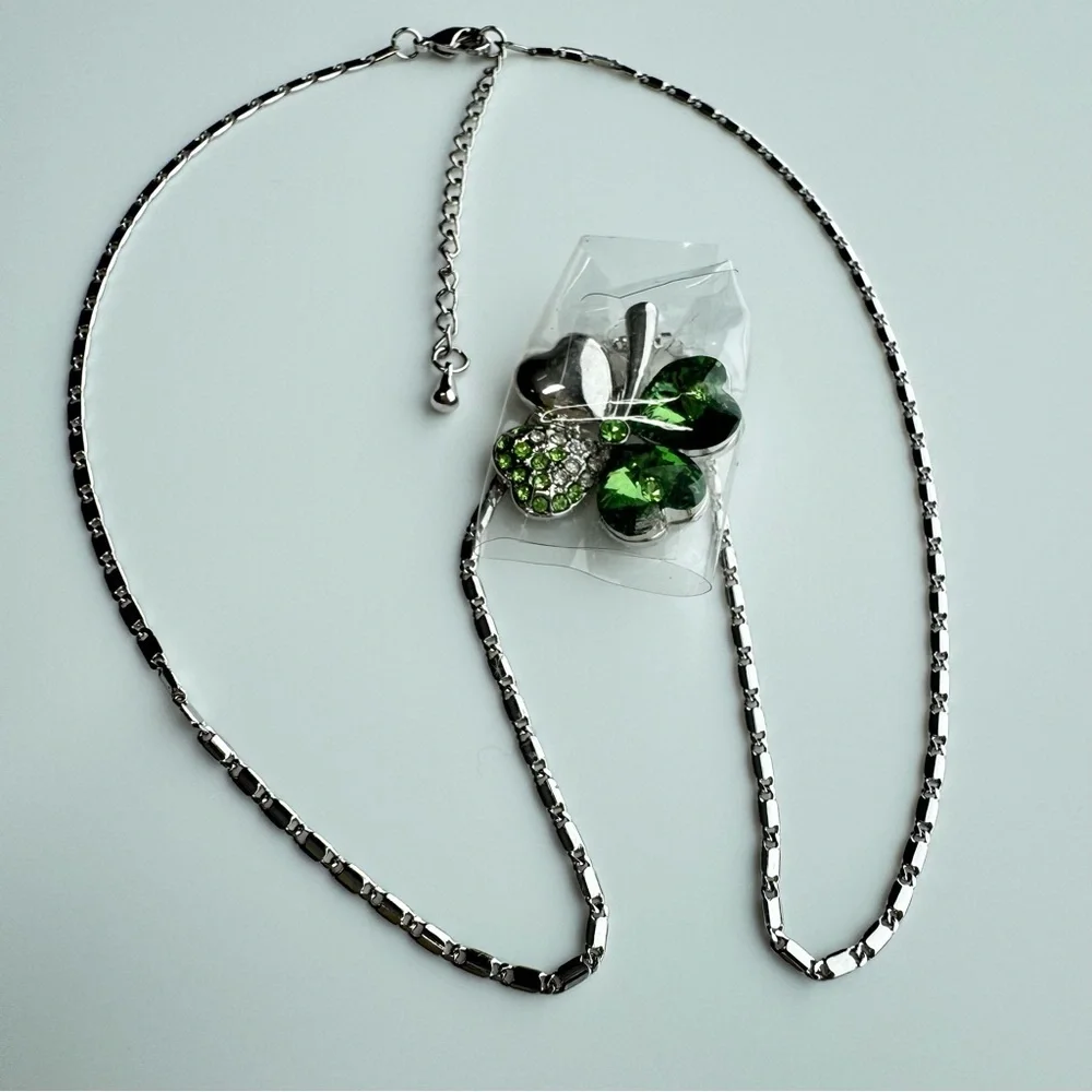DAHLIA Four Leaf Clover Pendant Necklace Silver Tone Green Crystal Cz Heart Luck
